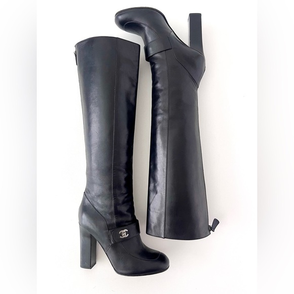 CHANEL | Black Leather Knee High Heel Boots CC Logo Turnlock EU 37 - Picture 9 of 15